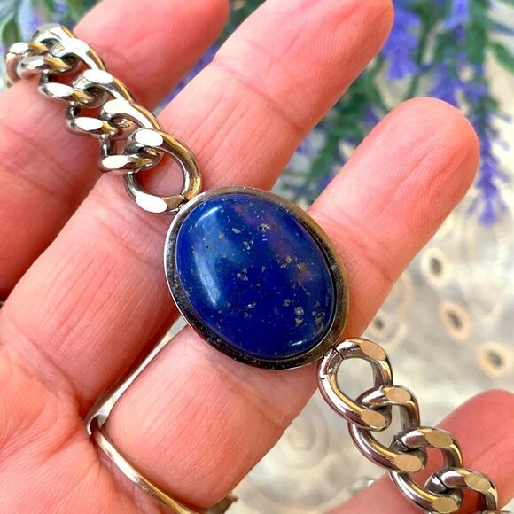 VTG Lapis Lazuli Cabochon 316L Stainless Steel Bracelet - Unisex - Picture 3 of 9